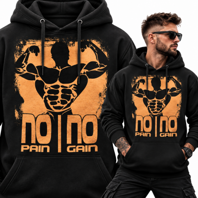 BLUZA Z KAPTUREM NA SIŁOWNIĘ NO PAIN NO GAIN 4 - NAPIS POMARAŃCZOWY